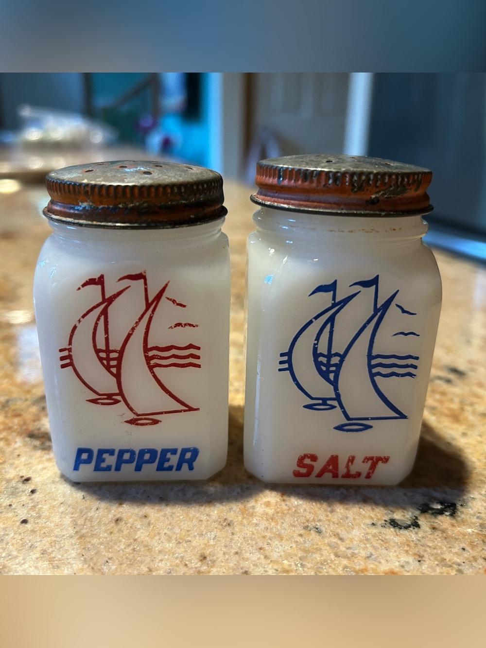 Hazel Atlas Vintage Squared Sailboat Salt & Pepper Shakers Milk Glass 3.50” 1930